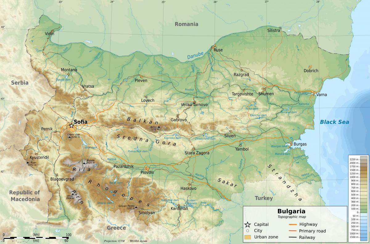Mapa de altitud de Bulgaria